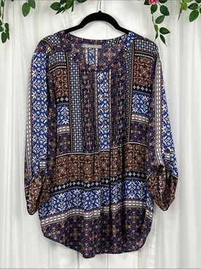 Daniel Rainn Womens Tunic L Cobalt Gold Pullover Roll Sleeves Pleating Boho EUC